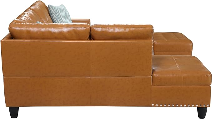 Faux Leather Sectional Sofa with Movable Storage Ottoman,L-Shape Upholstered Modular Couch 5 Seater W/ 2 Toss Pillows and 2 Cup Holders for Living Room,Office,Ginger,98" - LeafyLoom