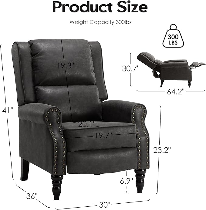 STARY Faux Leather Pushback Recliner Chair for Living Room Bedroom RV, Dark Gray - LeafyLoom