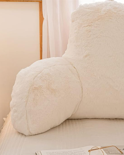 A Nice Night Faux Fur Reading Pillow Bed Wedge Large Adult Children Backrest with Arms Back Support for Sitting Up in Bed/Couch for Bedrest,Ivory,Large - LeafyLoom