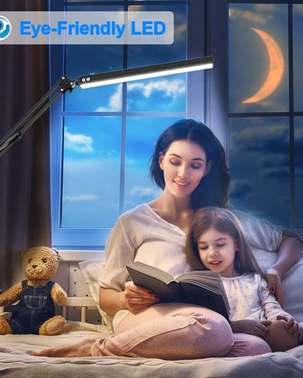 LED Desk Lamp for Home,Office,Reading,Adjustable Eye-Caring Desk Light with Clamp,Swing Arm Lamp Includes 3 Color Modes,10 Brightness Levels Table Lamps with Memory Function - LeafyLoom