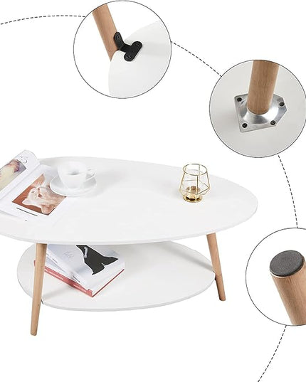 Maupvit Coffee Table-Oval Wood Table with Open Shelving for Storage and Display 2 Tier Sofa Table, Small Modern Furniture Living Room&Home Office-White - LeafyLoom