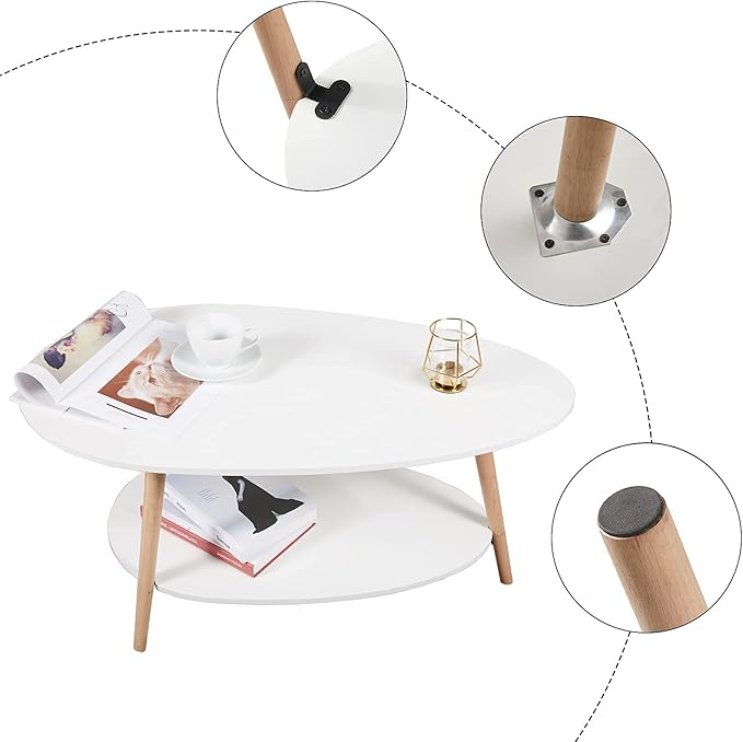 Maupvit Coffee Table-Oval Wood Table with Open Shelving for Storage and Display 2 Tier Sofa Table, Small Modern Furniture Living Room&Home Office-White - LeafyLoom