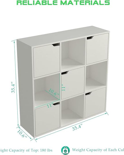 9-Cube Storage Shelf Bookcase - Wooden 3-Tier Floor Standing Open Bookshelf with Doors for Home and Office, Display Cabinet, Warm White - LeafyLoom