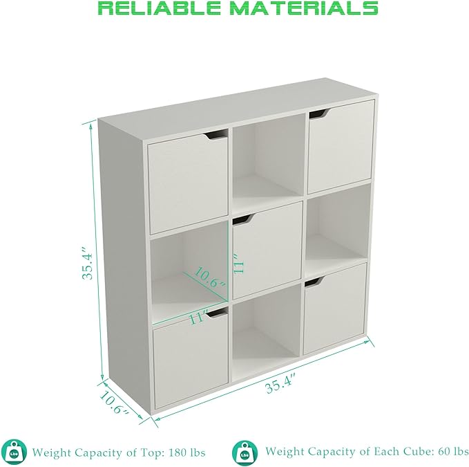9-Cube Storage Shelf Bookcase - Wooden 3-Tier Floor Standing Open Bookshelf with Doors for Home and Office, Display Cabinet, Warm White - LeafyLoom