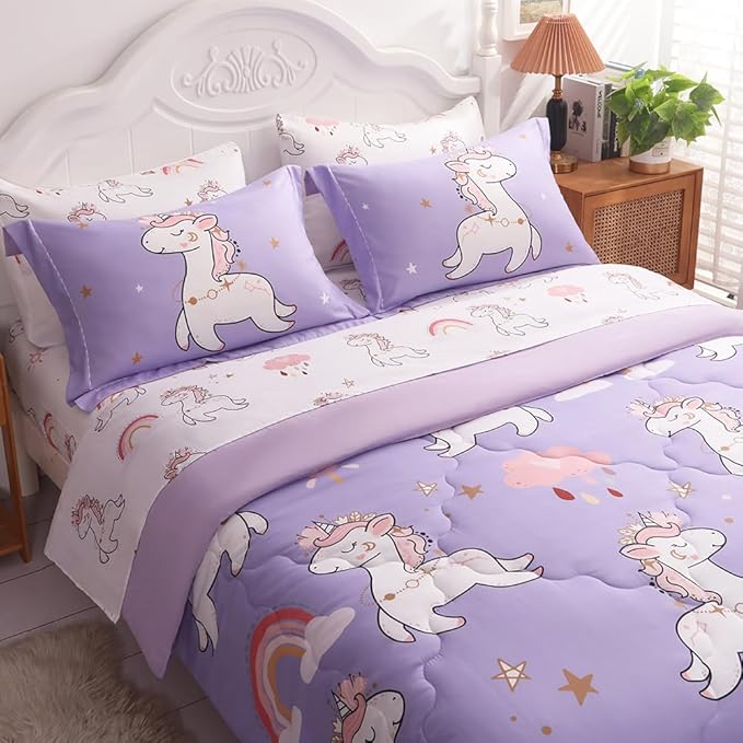 Wajade Kids Purple Unicorn Comforter Set Bed in A Bag Twin Size 7 Piece Cute Unicorn Rainbow Clouds Bedding Set for Girls (1 Comforter, 1 Flat Sheet, 1 Fitted Sheet, 2 Pillowcase and 2 Pillow Sham) - LeafyLoom