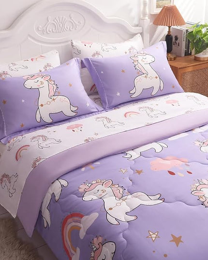 Wajade Kids Purple Unicorn Comforter Set Bed in A Bag Full Size 7 Piece Cute Unicorn Rainbow Clouds Bedding Set for Girls (1 Comforter, 1 Flat Sheet, 1 Fitted Sheet, 2 Pillowcase and 2 Pillow Sham) - LeafyLoom