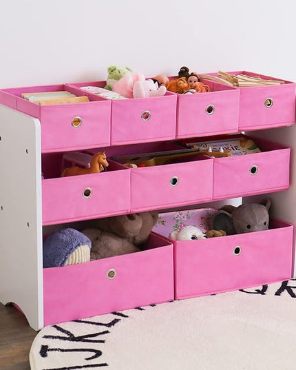 Humble Crew Kids Toy Organizer with 9 Collapsible Fabric Storage, White Wood and Pink Bins - LeafyLoom