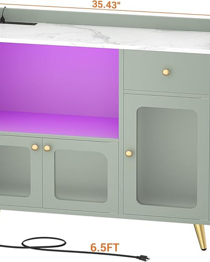 Cyclysio Sideboard Buffet Cabinet with Power Outlet, Kitchen Cabinet with LED Lights, Large Bar Cart Accent Buffet Cabinet with Door for Bedroom, Living Room, Kitchen, Hallway, Cyan - LeafyLoom
