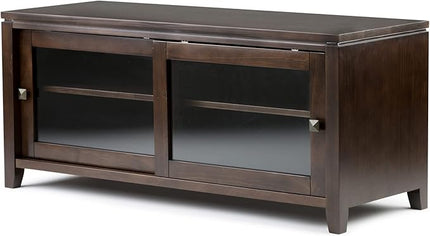 SIMPLIHOME Cosmopolitan SOLID WOOD Universal TV Media Stand, 48 inch Wide, Contemporary, Living Room Entertainment Center, Storage Cabinet, for Flat Screen TVs up to 55 inches in Mahogany Brown - LeafyLoom