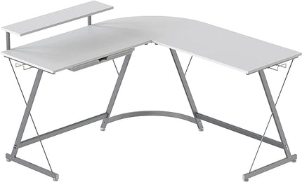 SHW Vista L-Shape Desk with Monitor Stand, White - LeafyLoom