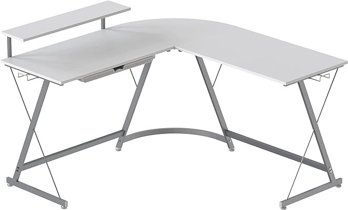 SHW Vista L-Shape Desk with Monitor Stand, White - LeafyLoom