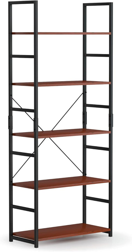 NUMENN 5 Tier Bookshelf, Tall Bookcase Shelf Storage Organizer, Modern Book Shelf for Bedroom, Living Room and Home Office, Teak - LeafyLoom