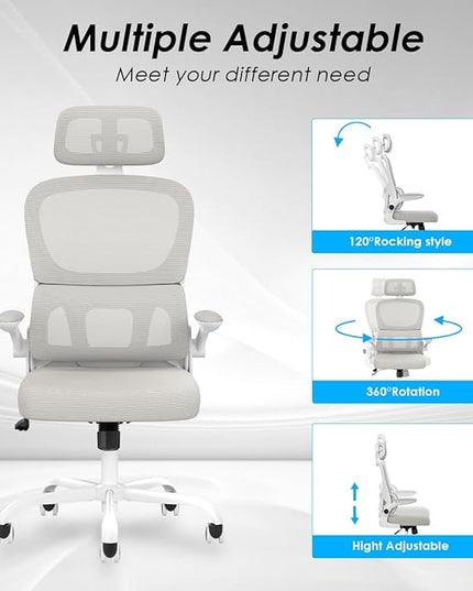 Soohow Ergonomic Home Office Chair, Mesh Desk Chair with Lumbar Support, Comfy Computer Desk Chair with Flip Armrest Rolling Wheels, Adjustable Headrest, Khaki. - LeafyLoom