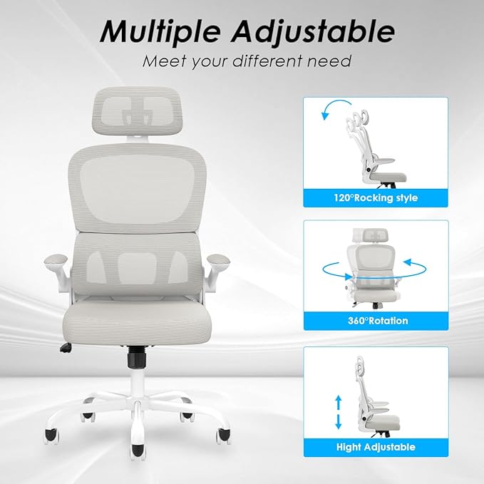 Soohow Ergonomic Home Office Chair, Mesh Desk Chair with Lumbar Support, Comfy Computer Desk Chair with Flip Armrest Rolling Wheels, Adjustable Headrest, Khaki. - LeafyLoom