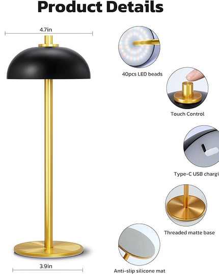 Rechargeable Cordless Table Lamp 2 Pack - 5000mAh Battery Powered Lamp, 3 Color Stepless Dimming LED Table Light with Memory Function, for outdoor, Dinner, Patio, Home, Restaurant.(Black and Gold) - LeafyLoom