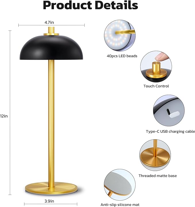 Rechargeable Cordless Table Lamp - 5000mAh Battery Powered Lamp, 3 Color Stepless Dimming LED Table Light with Memory Function, for Outdoor, Dinner, Patio, Home, Restaurant.(Black and Gold) - LeafyLoom