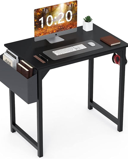 Sweetcrispy Computer 31 Inch Writing Office Small Space Desk Study Modern Simple Style Work Table with Storage Bag Headphone Hook Metal Frame for Home, Bedroom, 31-Inch, Black - LeafyLoom