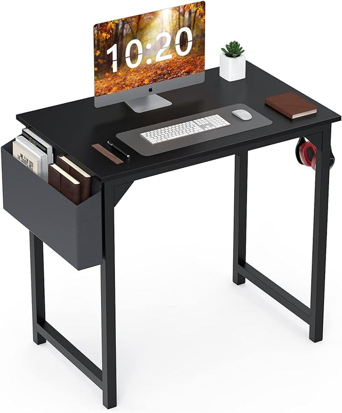 Sweetcrispy Computer 31 Inch Writing Office Small Space Desk Study Modern Simple Style Work Table with Storage Bag Headphone Hook Metal Frame for Home, Bedroom, 31-Inch, Black - LeafyLoom