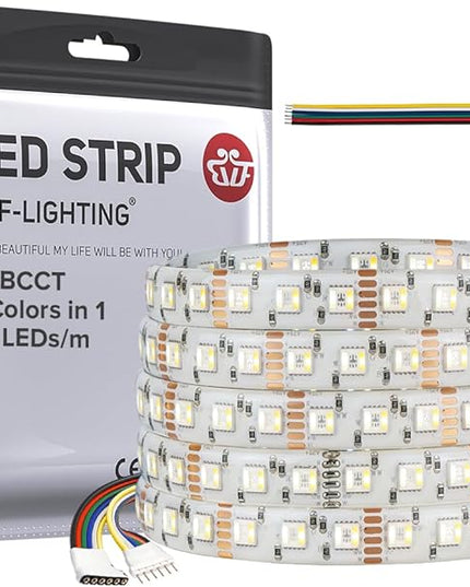 BTF-LIGHTING RGBCCT 5 Colors in 1 LED Tape Lights 5050SMD RGBWW RGB+Dimmable Color Temperature 2700K-6500K 16.4ft 96LED/m 480LED IP65 DC12V White PCB for Home Decoration(No Adapter or Controller) BTF-LIGHTING