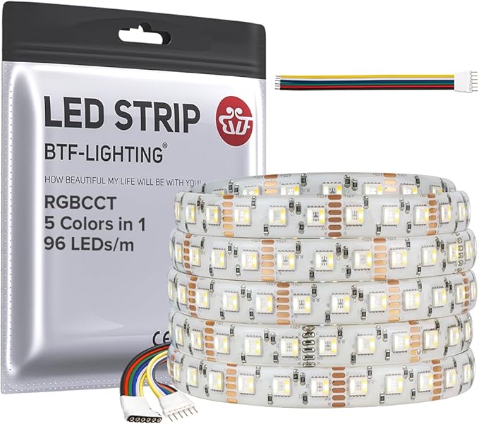 BTF-LIGHTING RGBCCT 5 Colors in 1 LED Tape Lights 5050SMD RGBWW RGB+Dimmable Color Temperature 2700K-6500K 16.4ft 96LED/m 480LED IP65 DC12V White PCB for Home Decoration(No Adapter or Controller) BTF-LIGHTING