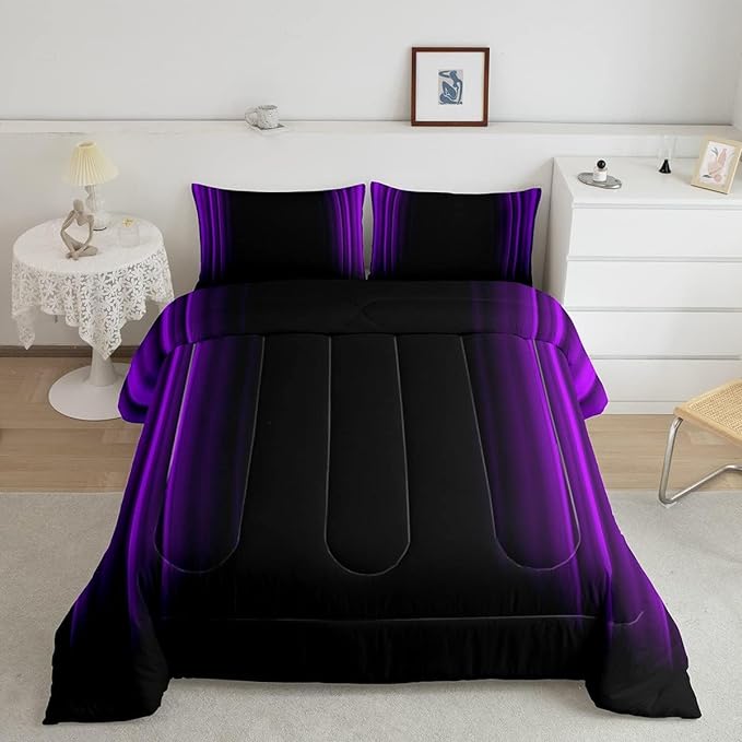 Geometric Abstract Ombre Comforter Set Kids Teens Purple and Black Striped Bedding Bed Set Decor Modern Fashion Comforter Inner Fill Bedroom Collection 3Pcs Queen Size - LeafyLoom