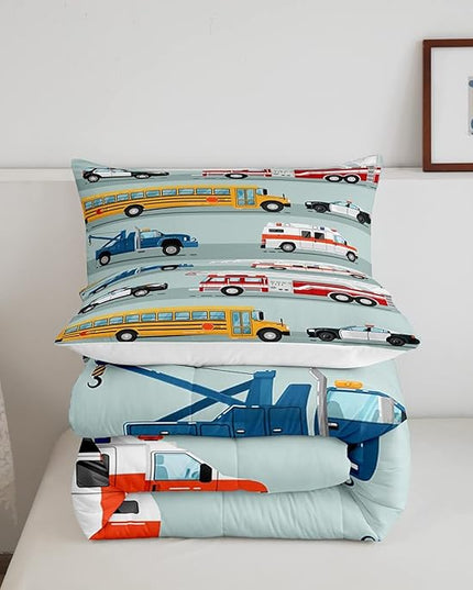 Erosebridal Fire Truck Comforter Set,Police Car Down Comforter Queen Size,School Bus Bedding Set for Kids Boys Teens Youth,Equipped Truck Cartoon Vehicle Quilt Duvet Insert Bedroom Dorm Decor 3 Pcs - LeafyLoom