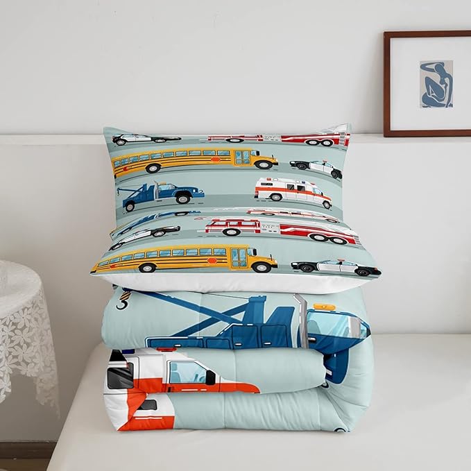 Erosebridal Fire Truck Comforter Set,Police Car Down Comforter King Size,School Bus Bedding Set for Kids Boys Teens Youth,Equipped Truck Cartoon Vehicle Quilt Duvet Insert Bedroom Dorm Decor 3 Pcs - LeafyLoom