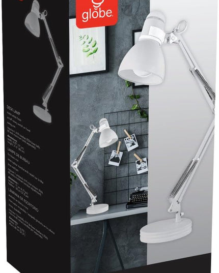 Globe Electric 52024 28" Swing Arm Desk Lamp, Matte White, On/Off Rotary Switch on Shade, Partially Adjustable Swing Arm, Home Office Accessories, Lamp for Bedroom, Home Improvement, Home Décor - LeafyLoom
