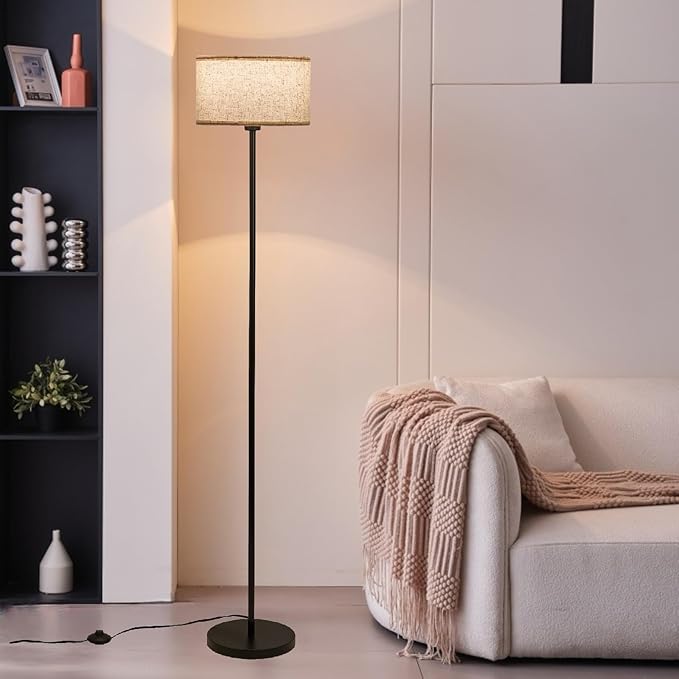 Modern Simple Floor Lamp Design with White Shade, Foot Pedal Switch, Minimalism floor Lamp for Living Room Bedroom Office Dining Room Kitchen, Black Pole Lamp (with Bulb) - LeafyLoom