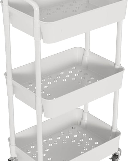3-Tier Storage Cart,Multifunction Kitchen Storage Organizer,Mobile Shelving Unit Utility Rolling Cart with Lockable Wheels for Bathroom,Laundry,Living Room,With Classified Stickers,White - LeafyLoom
