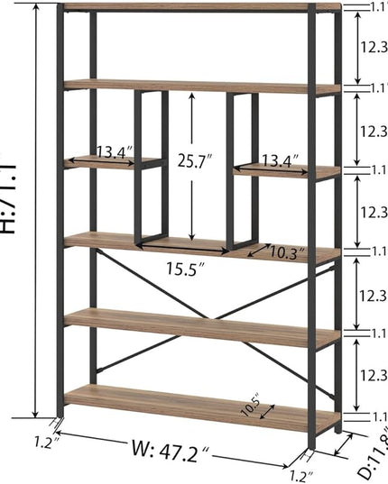 LVB Tall Industrial Etagere Bookcase, Modern Wood Large Open 6 Tier Bookshelf, Vintage Wide Metal Book Shelf Organizer, Farmhouse Book Shelves for Bedroom Living Room Home Office Storage, Rustic Oak - LeafyLoom