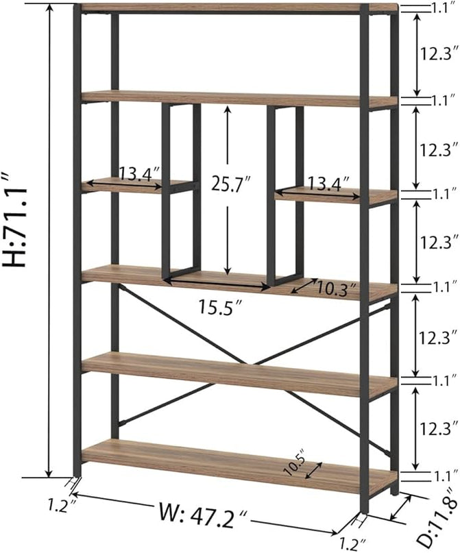 LVB Tall Industrial Etagere Bookcase, Modern Wood Large Open 6 Tier Bookshelf, Vintage Wide Metal Book Shelf Organizer, Farmhouse Book Shelves for Bedroom Living Room Home Office Storage, Rustic Oak - LeafyLoom