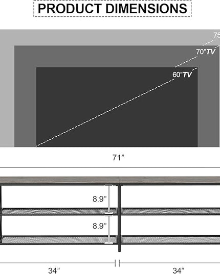 TV Stand Long 70" Entertainment Center 3-Tier TV Console Steel Frame Industrial Style TV Cabinet with Metal Frame for Living Room, Gray - LeafyLoom