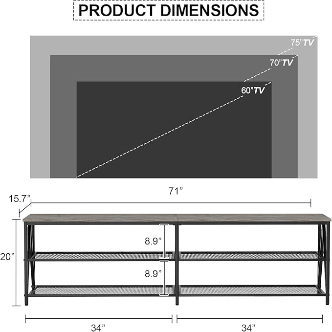 TV Stand Long 70" Entertainment Center 3-Tier TV Console Steel Frame Industrial Style TV Cabinet with Metal Frame for Living Room, Gray - LeafyLoom