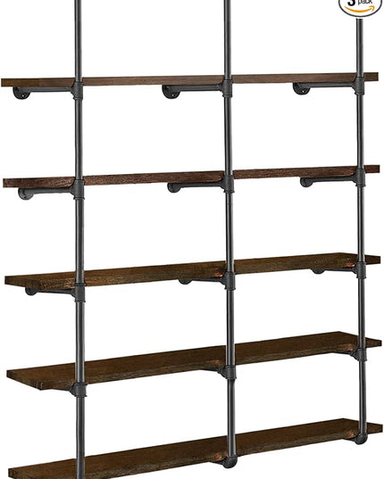 HITOMEN Industrial Iron Pipe Shelves, 3 Set 5-Tier, 70" Tall, 12" Depth, DIY Open Bookshelf Bookcase, Wall Mounted Vintage Retro Shelving, Rustic Farmhouse Pantry Kitchen Storage, Black Shelf Brackets - LeafyLoom