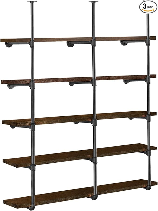 HITOMEN Industrial Iron Pipe Shelves, 3 Set 5-Tier, 70" Tall, 12" Depth, DIY Open Bookshelf Bookcase, Wall Mounted Vintage Retro Shelving, Rustic Farmhouse Pantry Kitchen Storage, Black Shelf Brackets - LeafyLoom