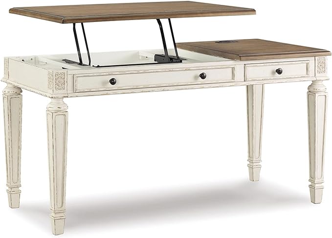 Signature Design by Ashley Realyn French Country 60" Home Office Lift Top Desk with USB Charging, Chipped White - LeafyLoom