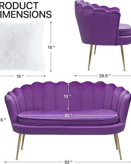 MoNiBloom 52" Purple Velvet Loveseat Sofa with 2 Pillows, Modern 2-Seater Sofa Upholstered Tufted Love Seat Couch with Golden Metal Legs for Living Room Conference Room, 300 Lbs Capacity - LeafyLoom