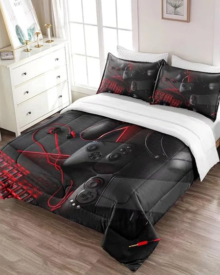 Gaming Comforter for Boys Teens,Game Bedding Sets Full,Kids Gamer Comforter Set,Video Game Bedroom Decor,Gamepad Controller Duvet Insert All Season 3 Piece 1 Comforter and 2 Pillowcases - LeafyLoom