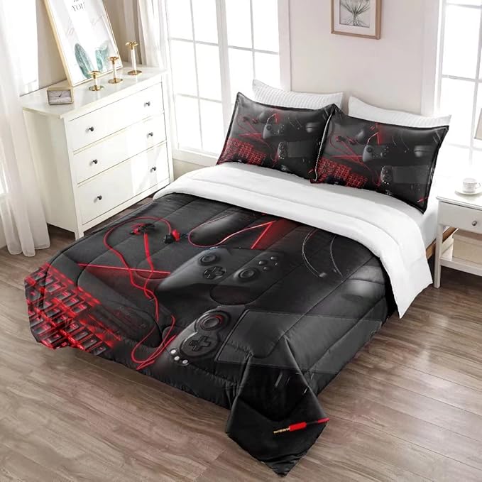 Gaming Comforter for Boys Teens,Game Bedding Sets Full,Kids Gamer Comforter Set,Video Game Bedroom Decor,Gamepad Controller Duvet Insert All Season 3 Piece 1 Comforter and 2 Pillowcases - LeafyLoom