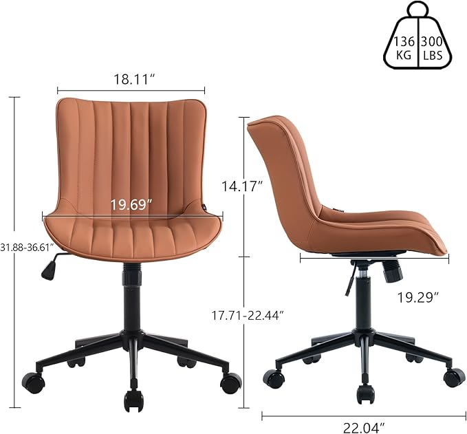 YOUNIKE Pink Office Chair Armless, PU Leather Computer Task Chair, Cute Swivel Adjustable Home Desk Chair, Small Vanity Chiar with Wheels Mid Backrest 300LBS - LeafyLoom