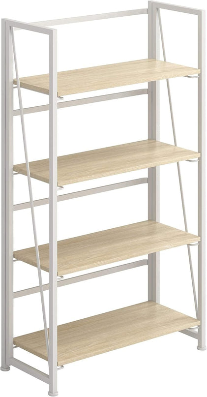 4NM No-Assembly Folding Bookshelf Storage Shelves 4 Tiers Vintage Bookcase Standing Racks Study Organizer Home Office (Natural and White) - LeafyLoom