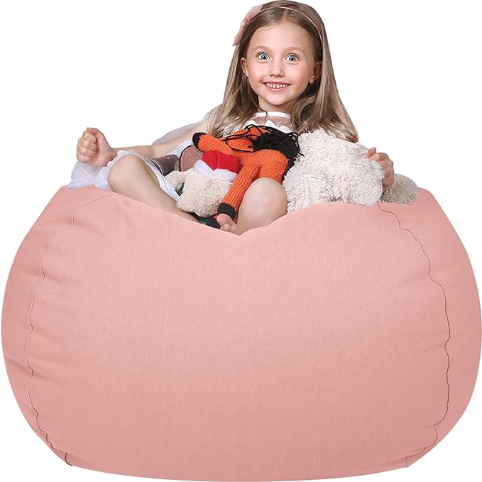 Wekapo Stuffed Animal Storage Bean Bag Chair Cover for Kids | Stuffable Zipper Beanbag for Organizing Children Plush Toys Large Premium Cotton Canvas (Solid Pink, X-Large) - LeafyLoom