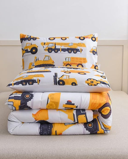 NTBED Construction Truck Comforter Set for Boys Kids Vehicles Excavator Cars Lightweight Microfiber Bedding Sets (White,Full) - LeafyLoom