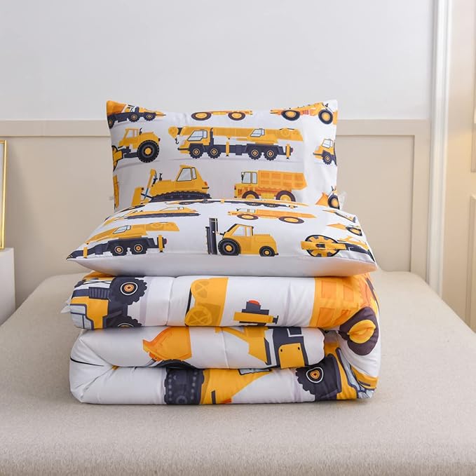 NTBED Construction Truck Comforter Set for Boys Kids Vehicles Excavator Cars Lightweight Microfiber Bedding Sets (White,Full) - LeafyLoom