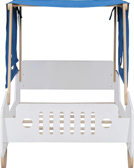 Twin Size Kids Car Bed with Tent Canopy & Wheels,Wood Bedframe W/Safty Grille,Raised Base Design,Easy Assembly,Toddler Boys Car-Shaped Bedroom Beds for Reading Playing Relaxing,White+Natural - LeafyLoom