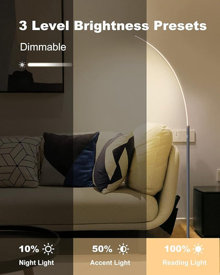 TACAHE Arc Corner Floor Lamp - 3000K Warm White & 3 Brightness Presets - Curved LED Accent Lamp with Touch Switch - 63" Modern Standing Lamp for Bedroom, Living Room - 12W - Silver - LeafyLoom