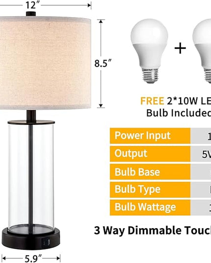23.5'' Glass Table Lamp Set of 2 for Living Room, 3-Way Touch Control Table Lamps with USB Ports and AC Outlets(Bulbs Included) - LeafyLoom