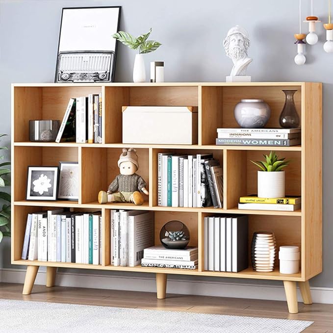 IOTXY Wooden Open Shelf Bookcase - 3-Tier Floor Standing Display Cabinet Rack with Legs, 10 Cubes Bookshelf, Pear Yellow - LeafyLoom