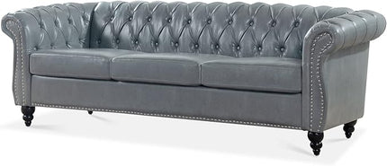 3-Seaters Living Room Clasic Chesterfield Sofa Couch Button Tufted PU Leather Upholstered Sofa&Couch with Luxury Roller Armrest Soild Wood Legs Movable Cushions & Nailhead Decor - LeafyLoom